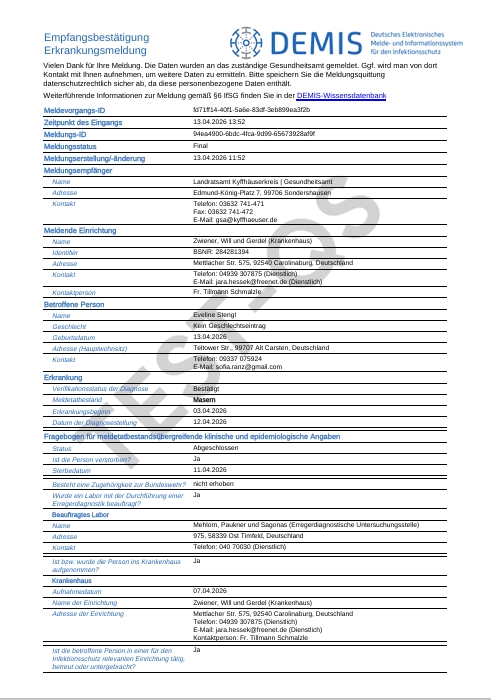 Sendebestätigung DEMIS